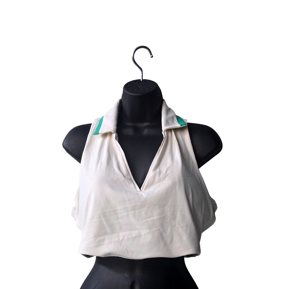 Crane‎ Womens Longline Sports Bra Large Cream Green Collar Racerback Tennis Top